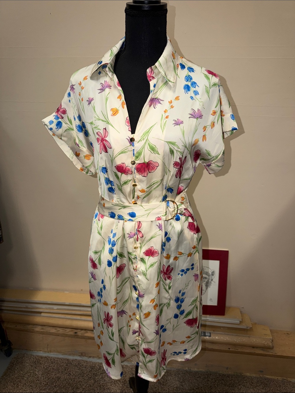 French Connection Cream Floral Midi Dress with Pink, Blue & Green Print